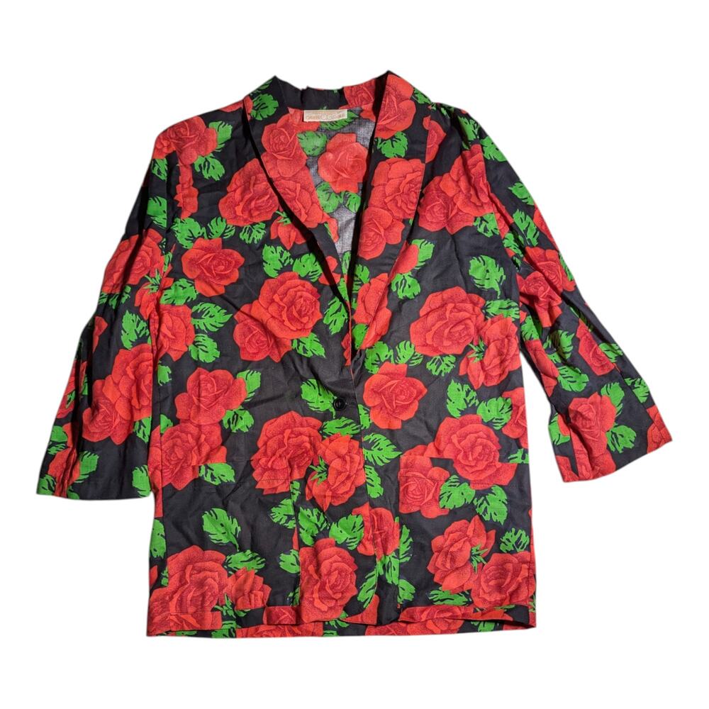 Vtg 1990s Career Guild Black Red Rose Floral 100% Cotton One Button Blazer L
